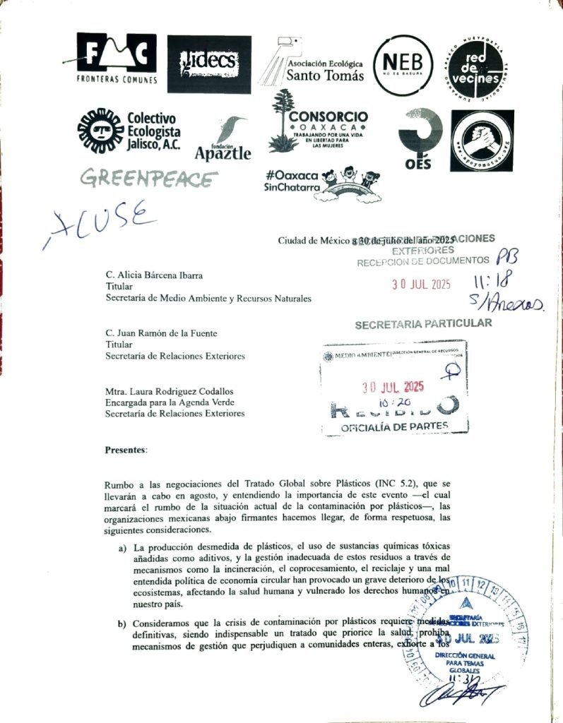 Organizaciones publican comunicado ante SEMARNAT Y SRE para subrayar la importancia de incluir en la postura país los derechos y criterios mínimos en las negociaciones del Tratado Internacional de Plásticos